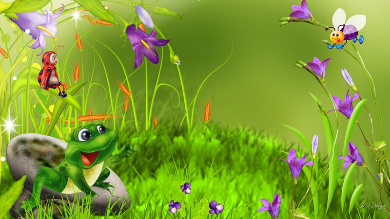 Green Frog in Grass — Playful