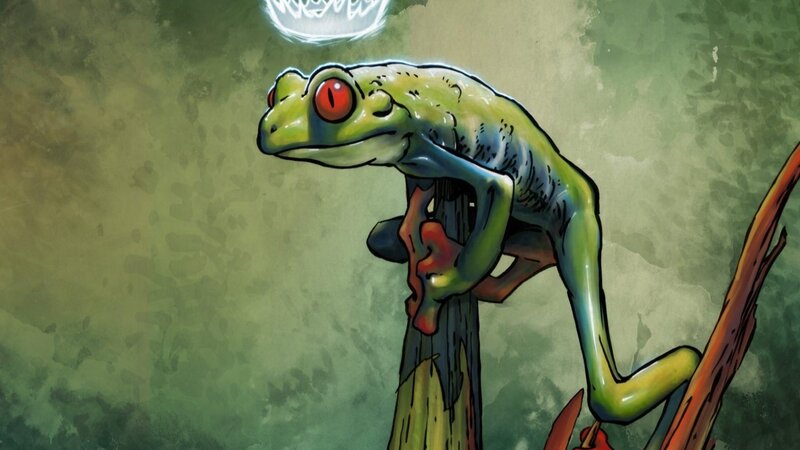 Green Frog on Branch — Dramatic