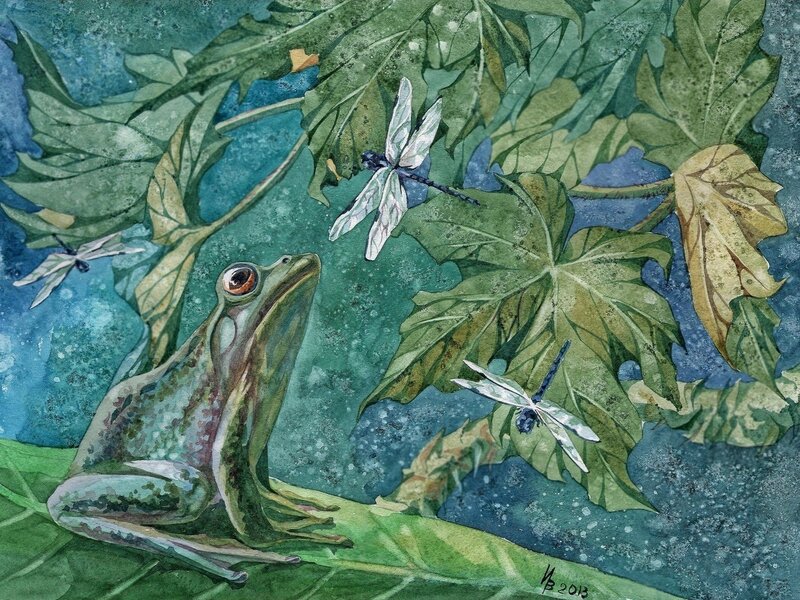 Green Frog on Leaf — Serene, Painting