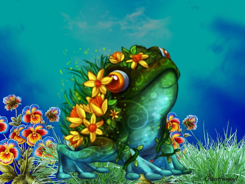 Green Frog with Flowers — Blue