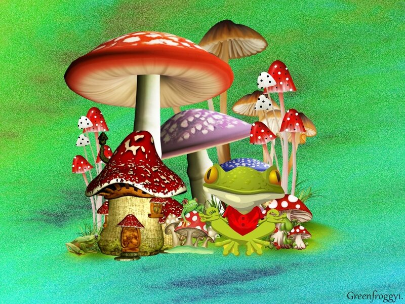 Green Frog with Mushrooms