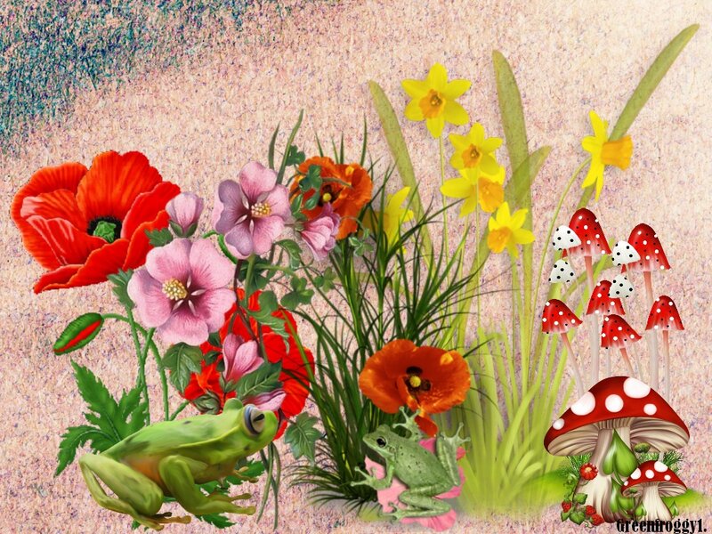 Green Frogs and Flowers — Whimsical