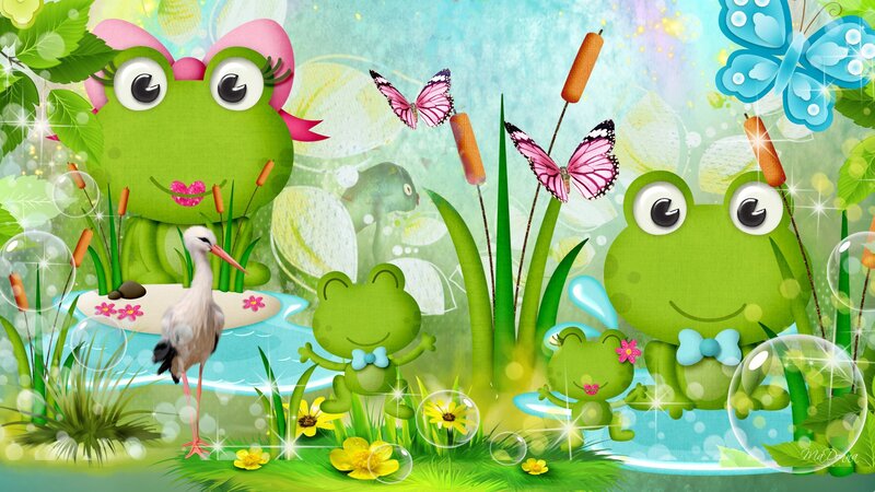 Green Frogs in Pond — Playful