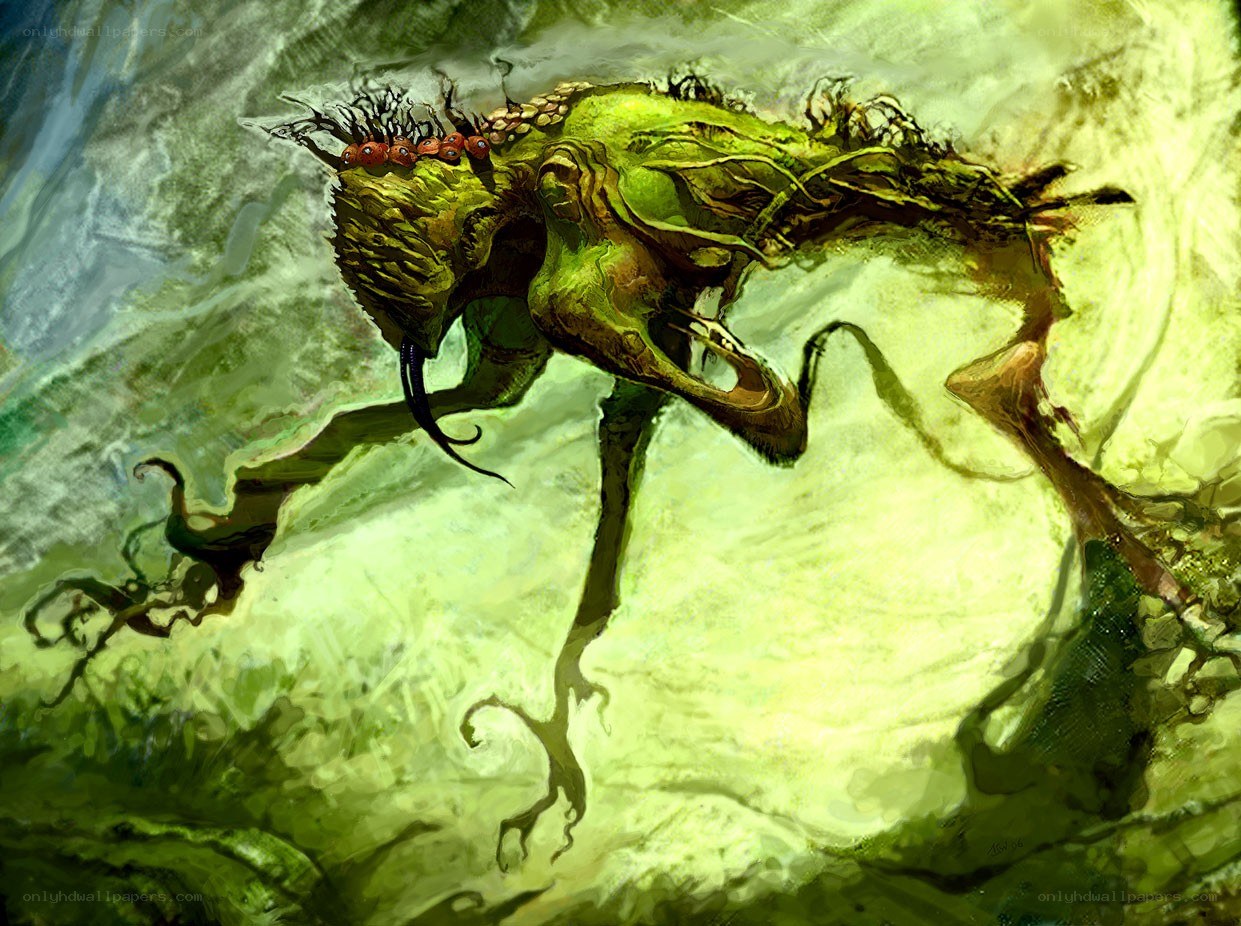 Green fungal creature in motion