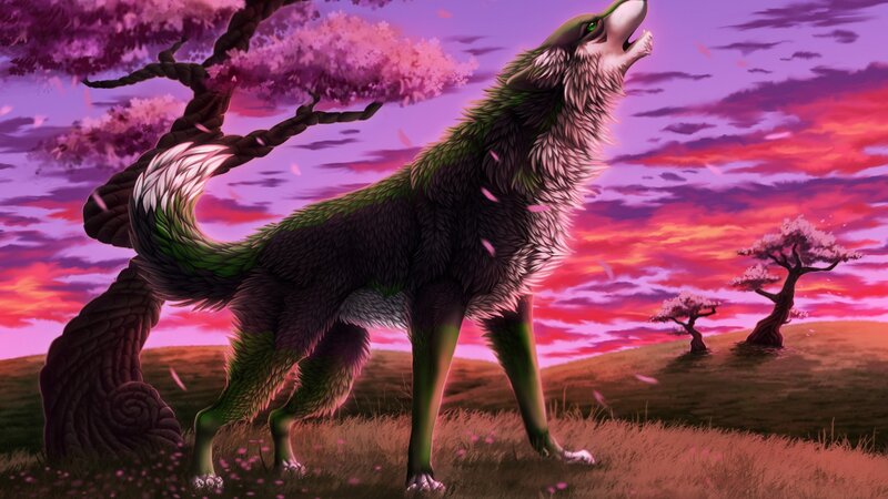 Green-furred Wolf Howling — Purple