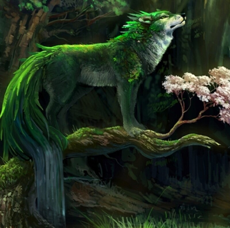 Green-furred Wolf on Branch