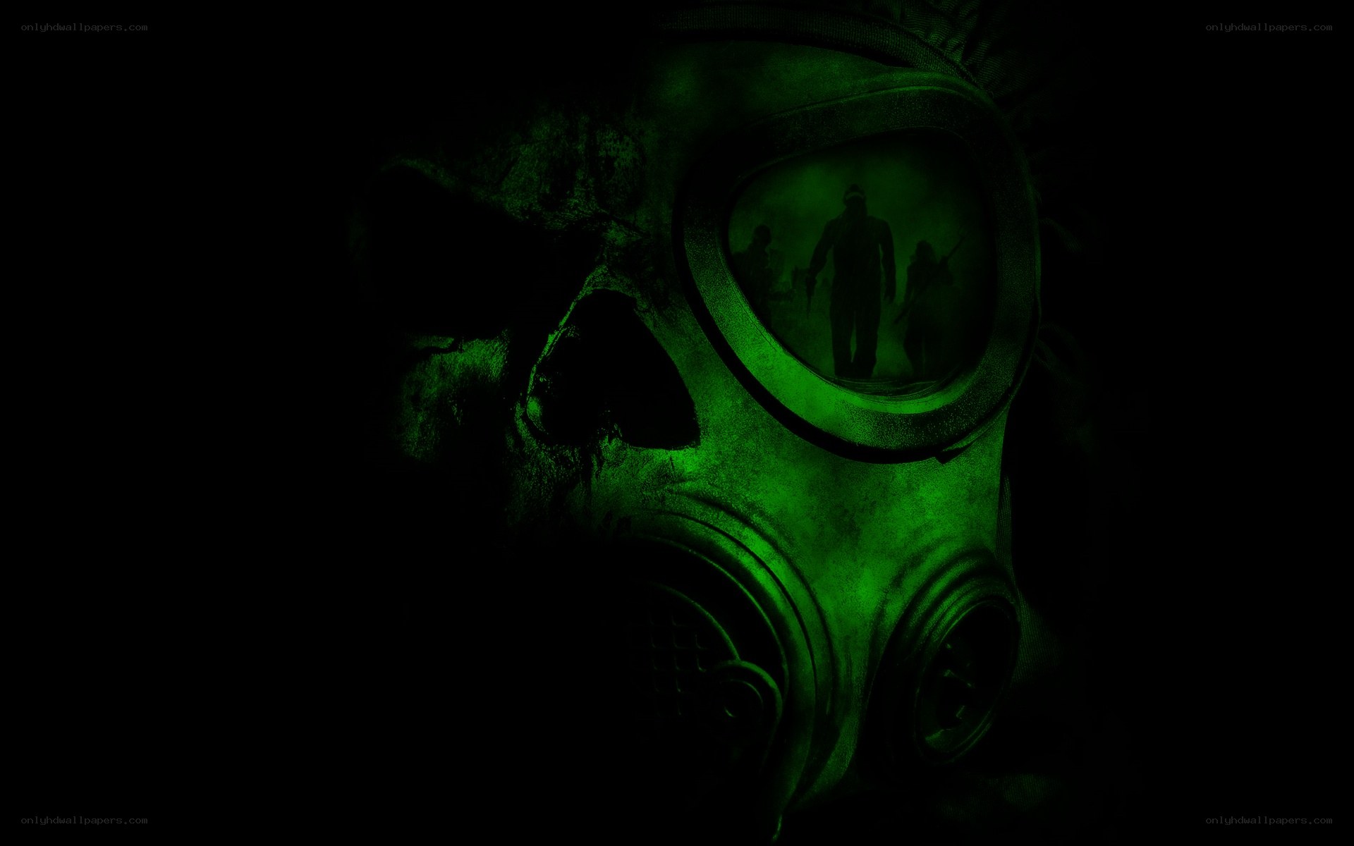 green gas mask with silhouettes
