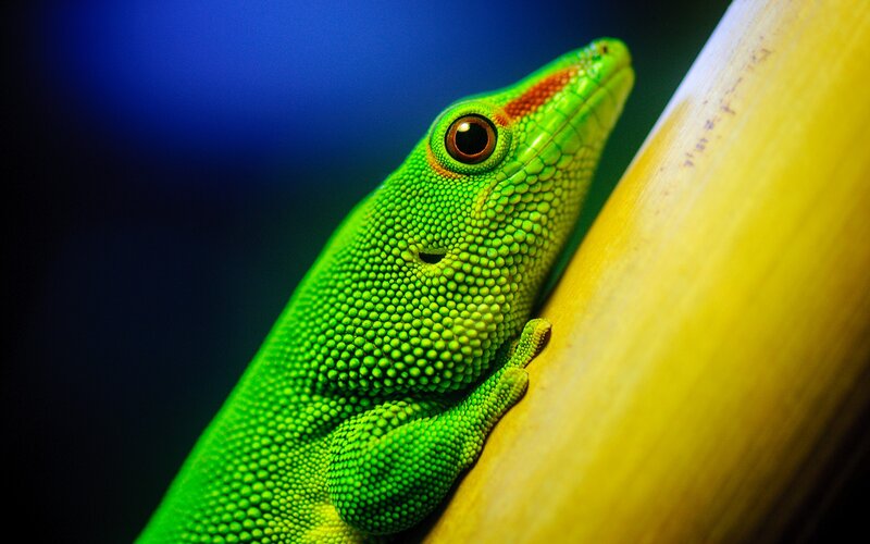 Green Gecko on Branch — Dramatic, Photograph