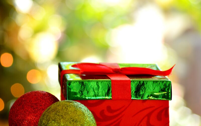 Green Gift Box — Festive, Photograph, Red Ribbon