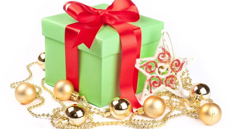 Green Gift Box — Festive, Winter, Photograph, Red Ribbon