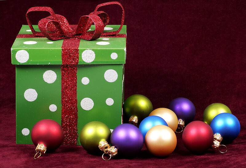Green Gift Box with Ornaments — Festive