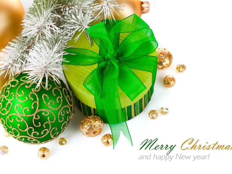 Green Gift Box with Ornaments — Festive, Winter, Photograph, Pine Branches