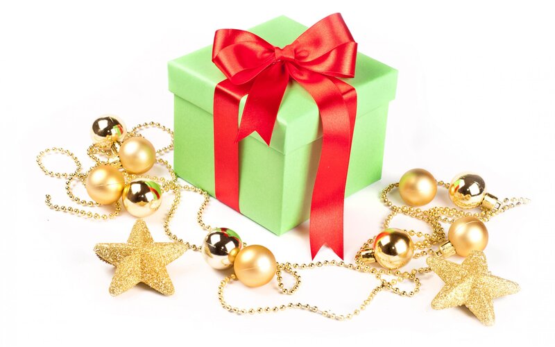 Green Gift Box with Ornaments — Festive, Winter, Photograph, Red Ribbon