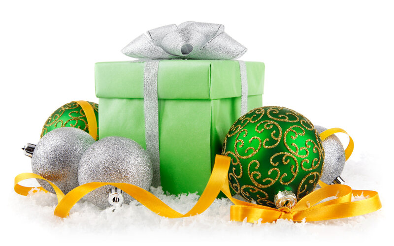 Green Gift Box with Ornaments — Festive, Winter, Photograph