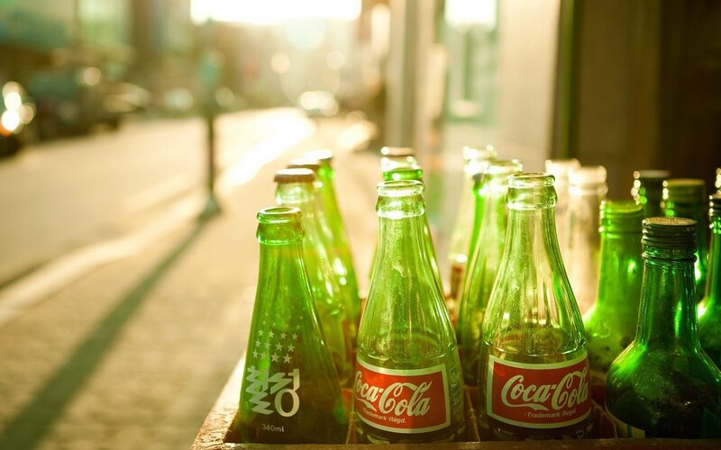Green Glass Bottles — Warm, Sunset