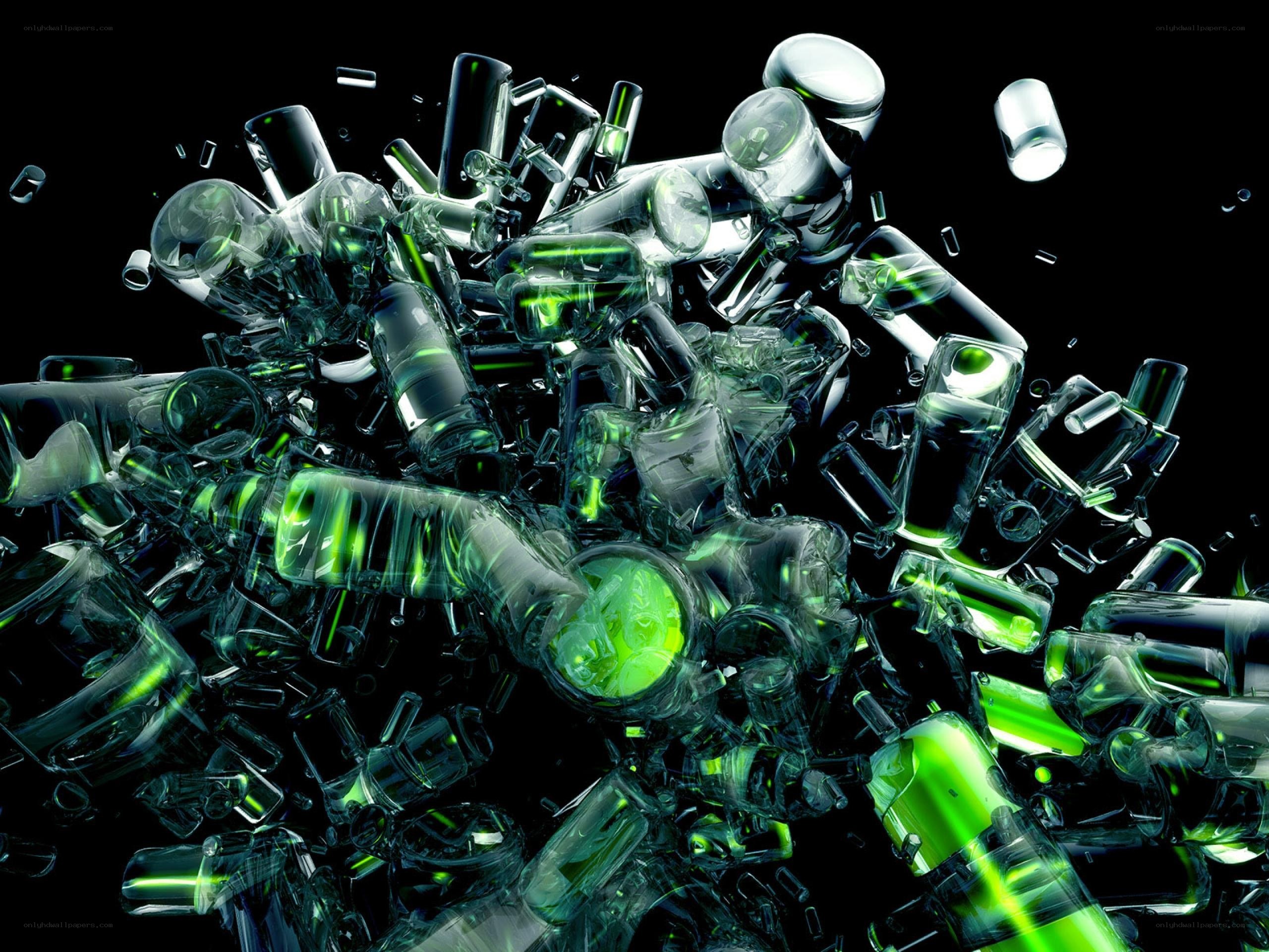 green glass fragments explosion