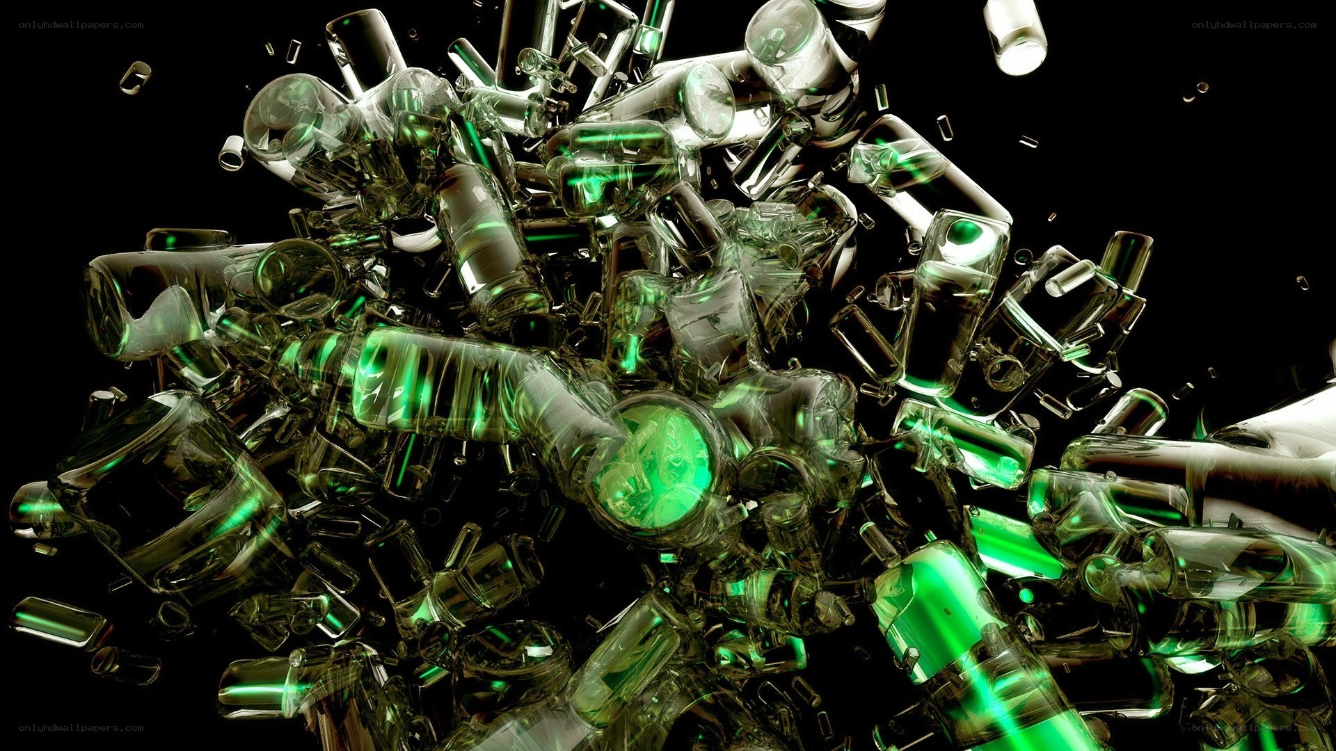 green glass fragments explosion