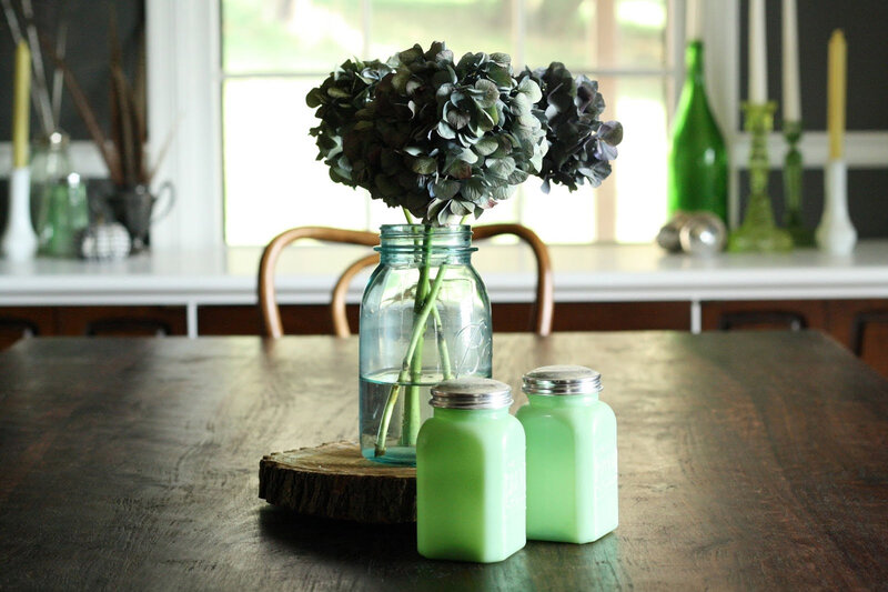 Green Glass Jars on Table