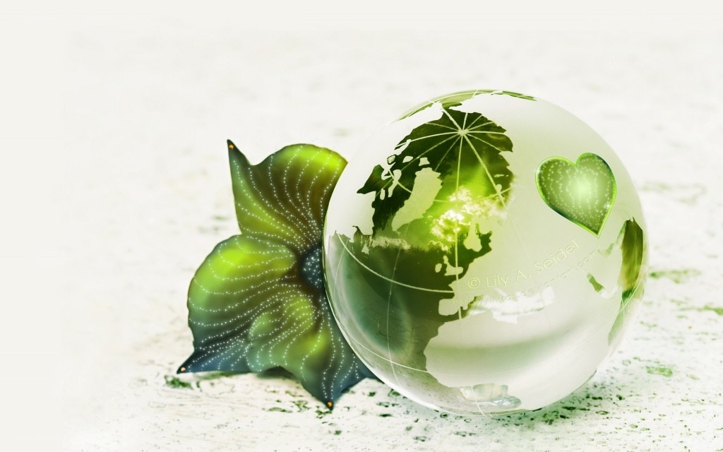 green globe with leaf and heart