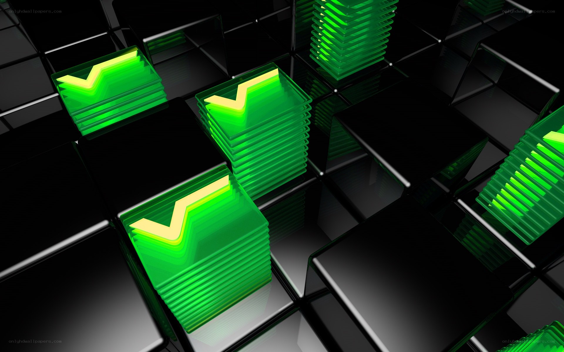 green glowing cubes on black grid