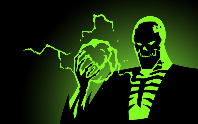 green glowing skeleton figure