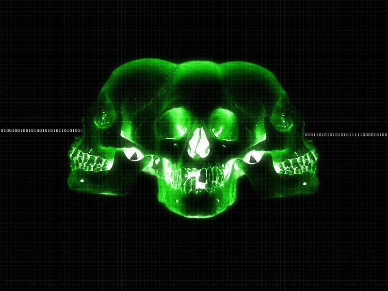 Green glowing skull on digital grid