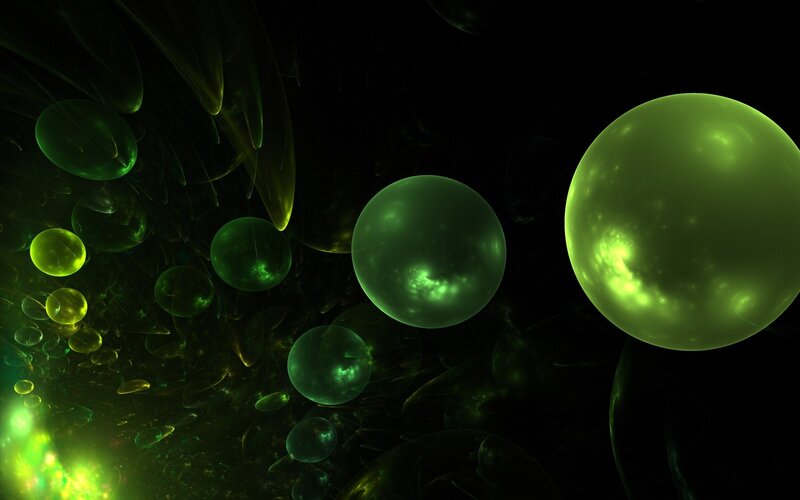green glowing spheres in space
