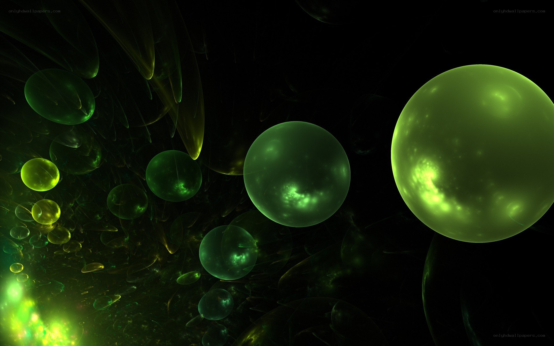 green glowing spheres in space