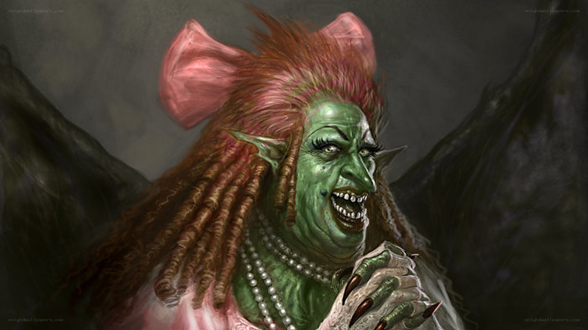 green goblin with pink bow