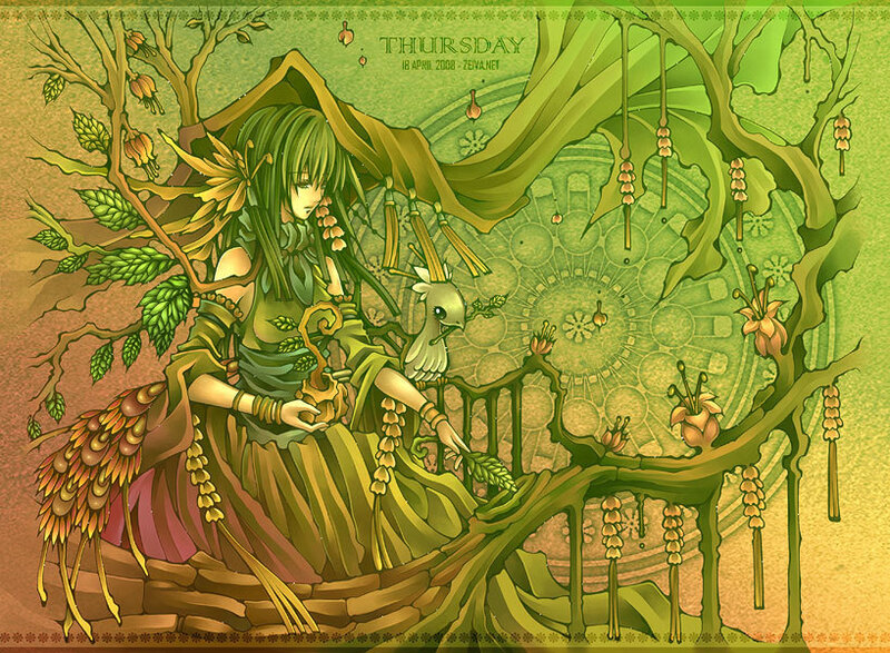 Green goddess with bird