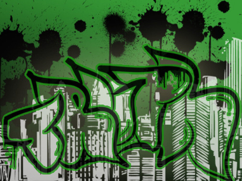 green graffiti art with cityscape