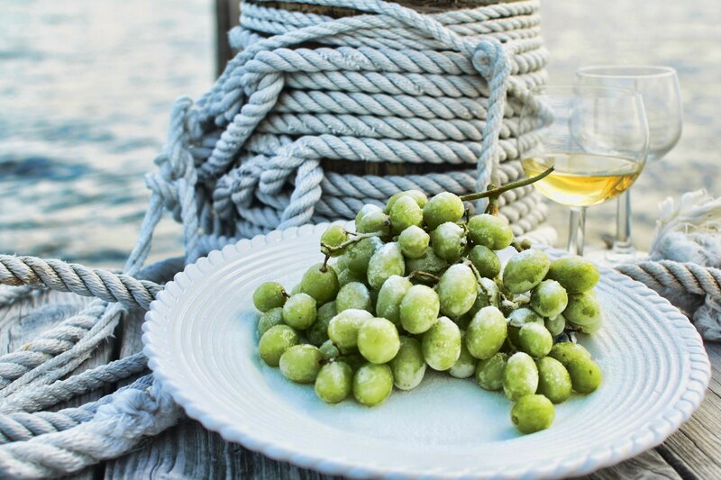 Green Grapes on Plate — White, Serene, Afternoon, Photograph, Wine Glass