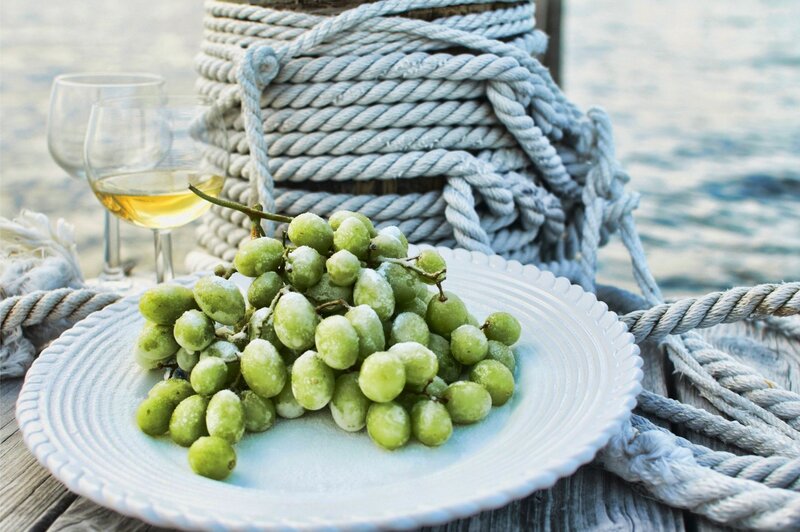 Green Grapes on Plate — White