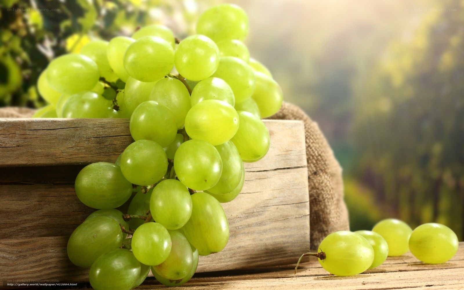 Green grapes on wooden crate
