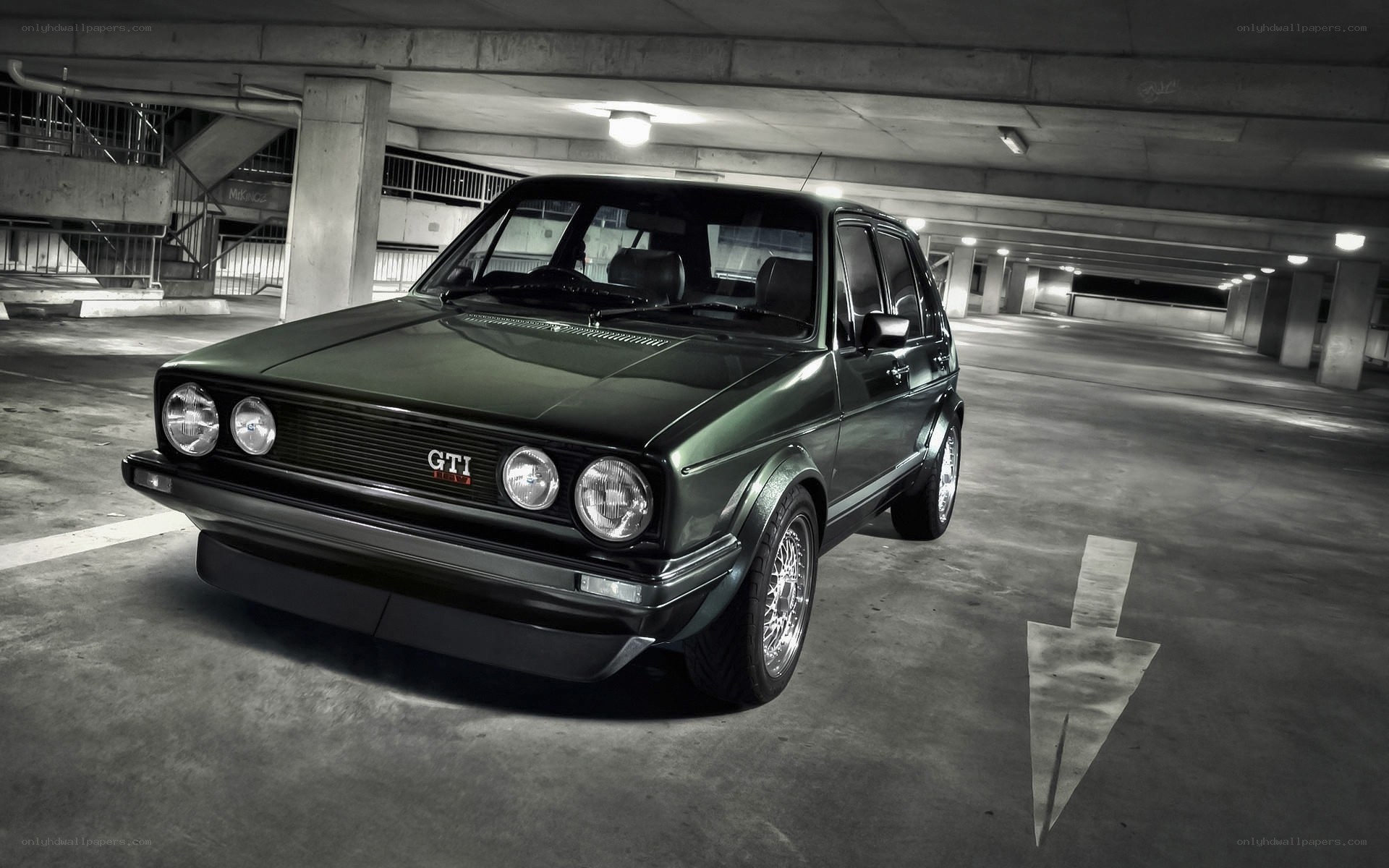 Green GTI in parking garage