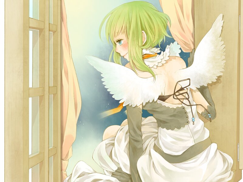 green-haired angel by window