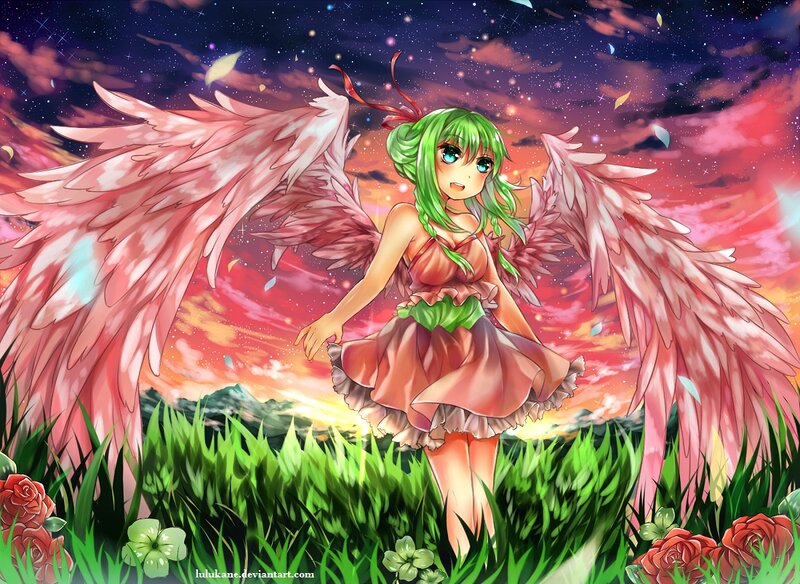 Green-haired Angel Girl — Green, Dramatic, Sunset