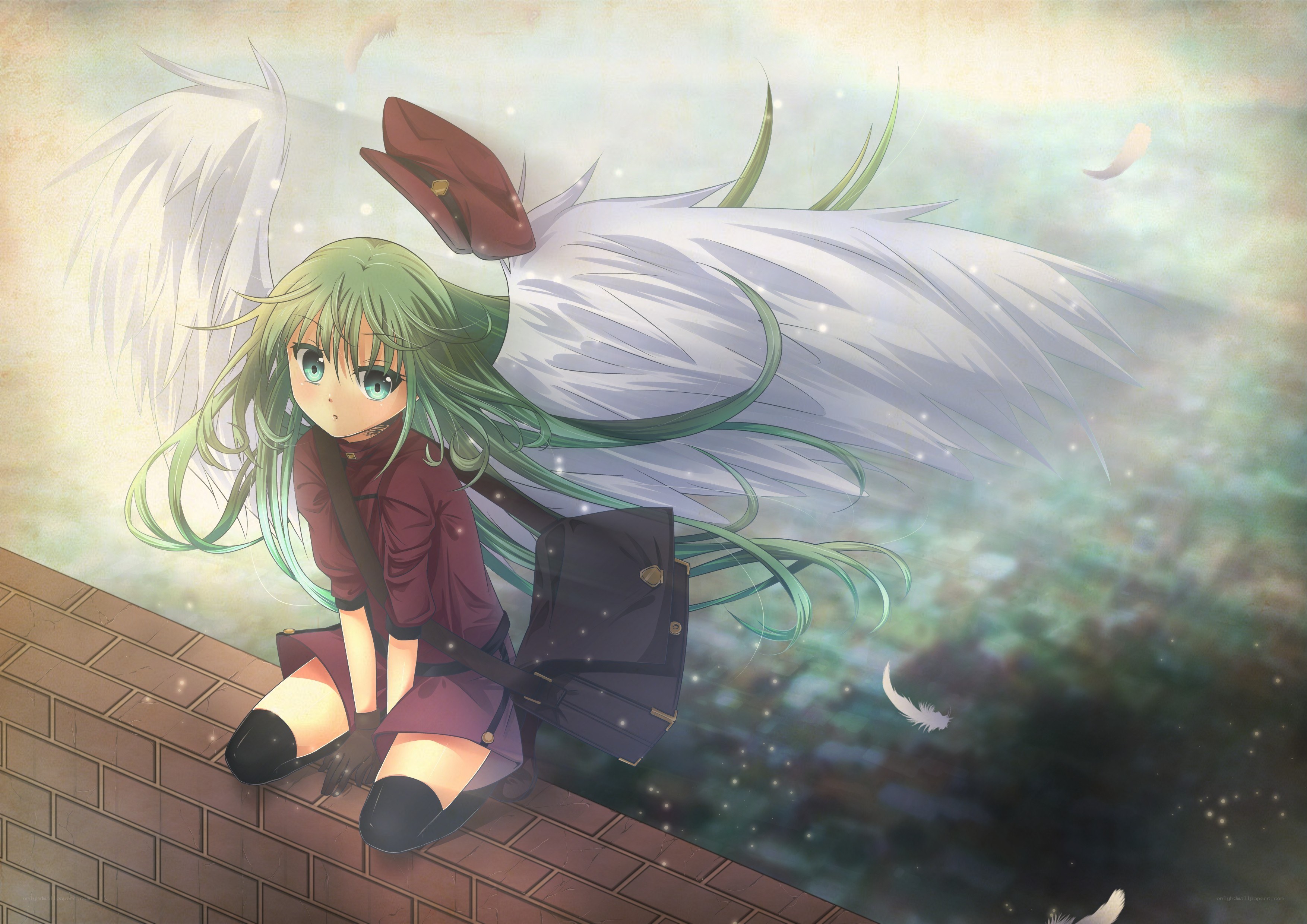 green-haired angel girl with wings