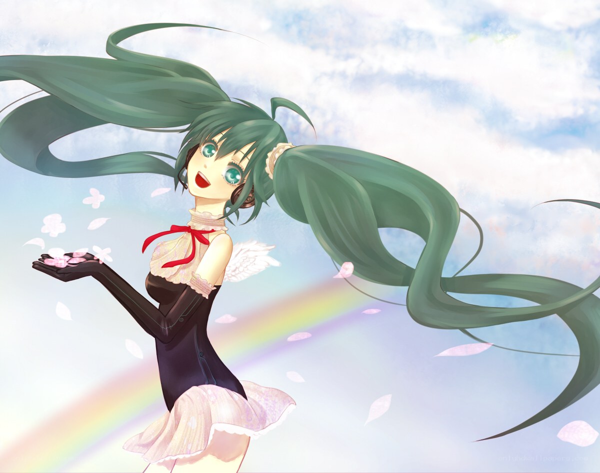 green-haired angel with rainbow