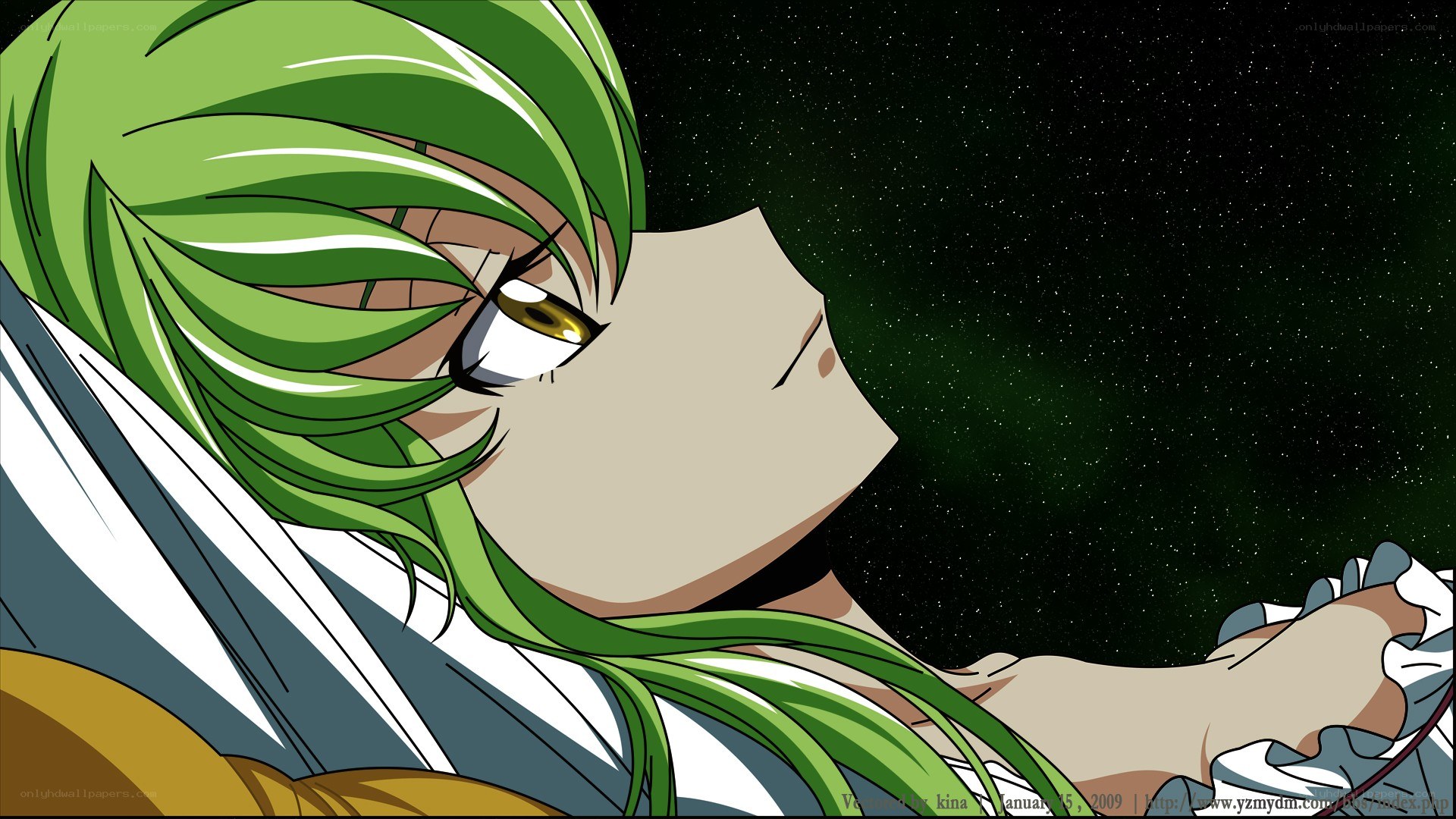 green-haired anime character at night
