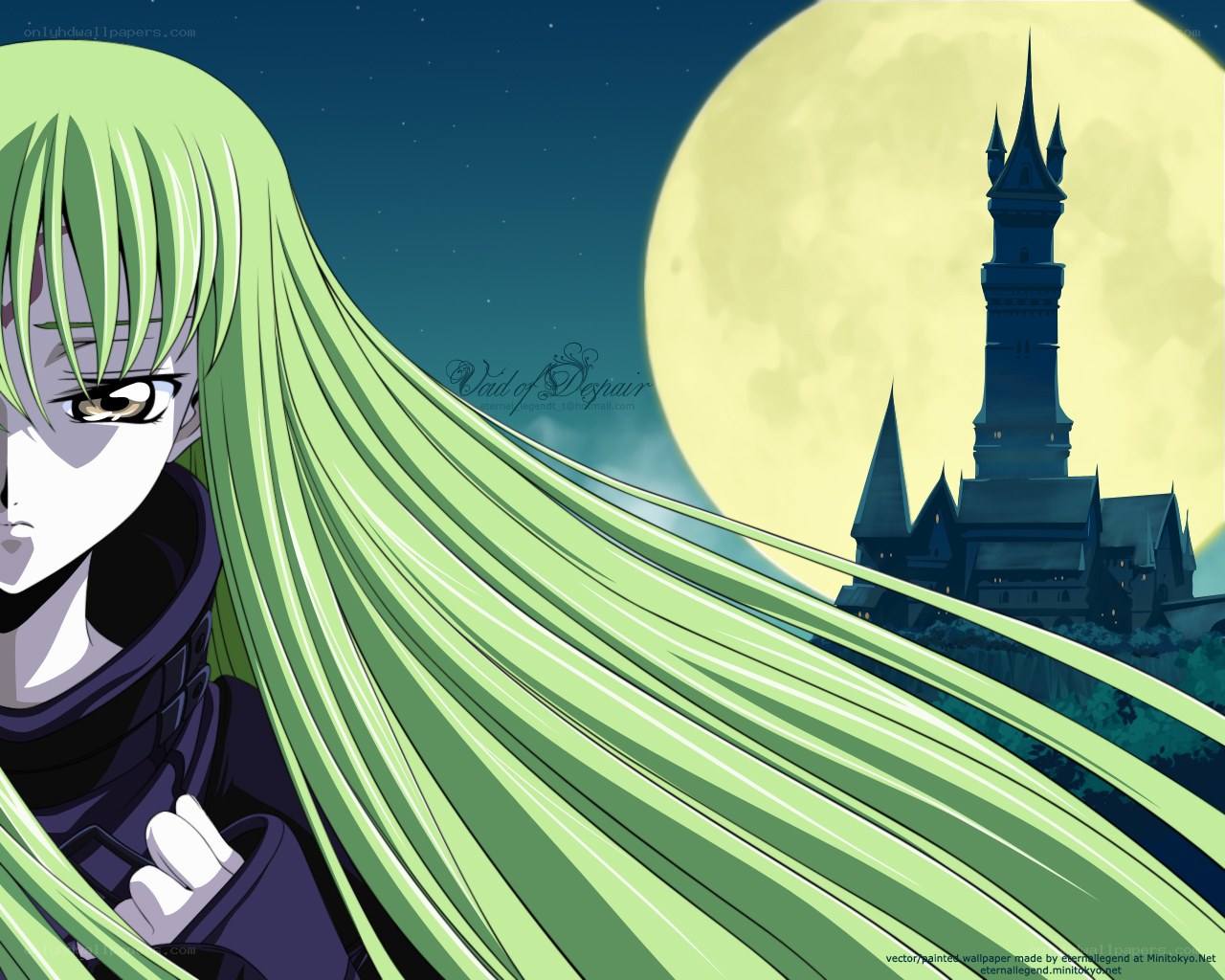 green-haired anime character at night