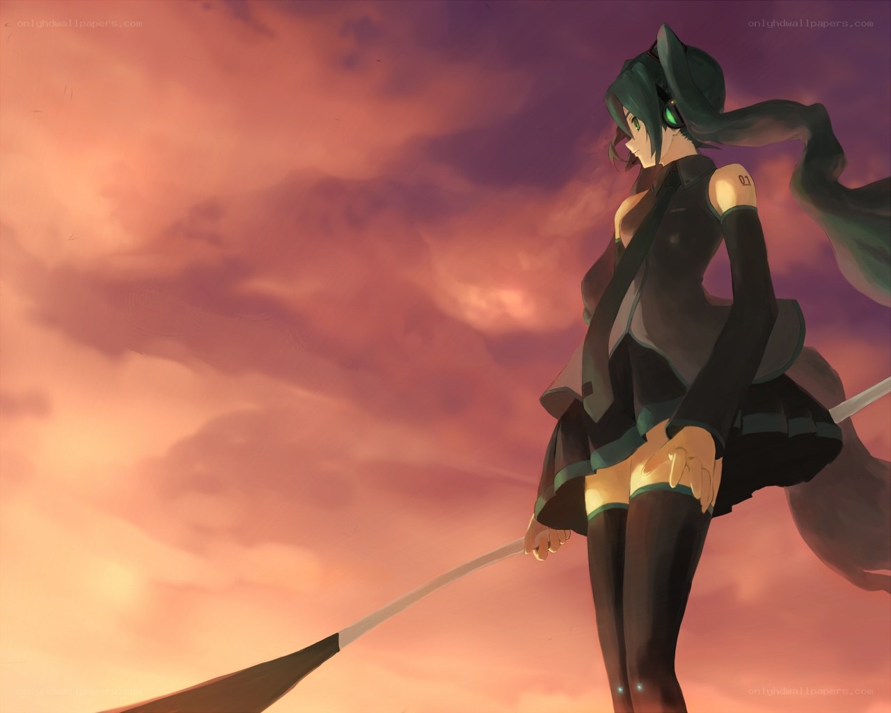 green-haired anime character at sunset