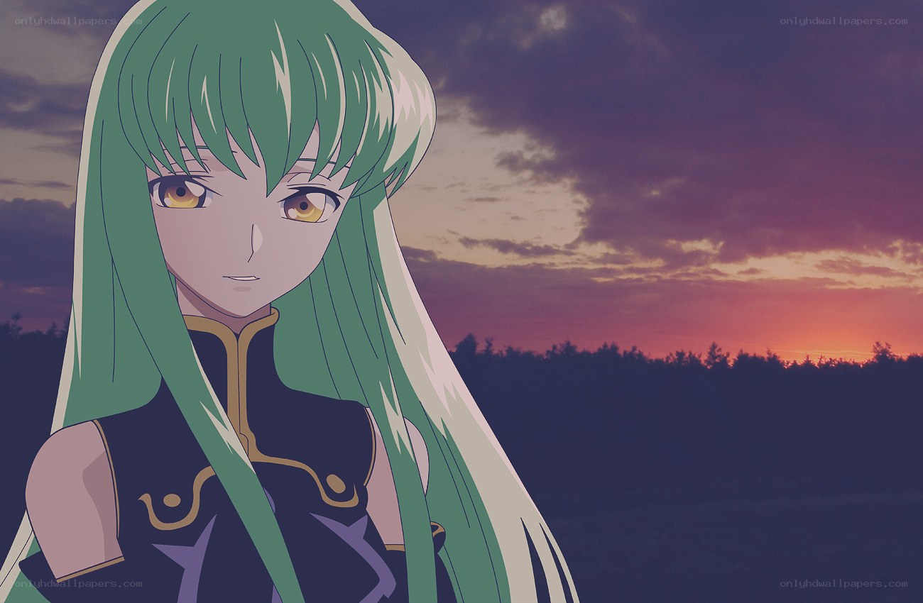 green-haired anime character at sunset