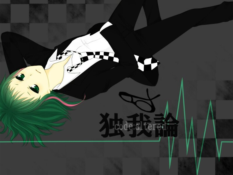 Green-haired Anime Character — Black, Dramatic, Checkered Pattern
