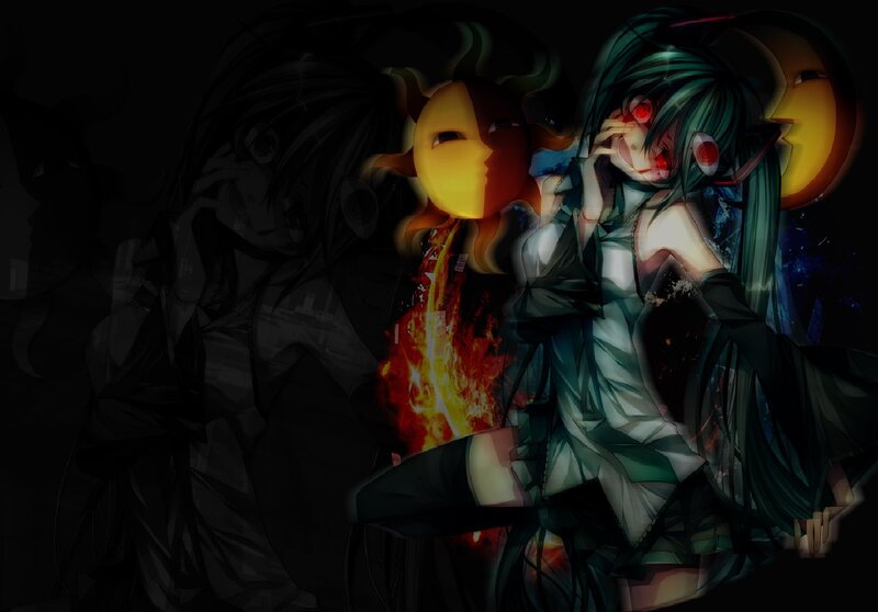 Green-haired Anime Character — Black, Dramatic, Night