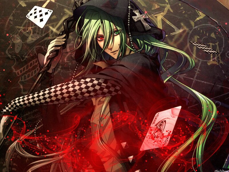 Green-haired Anime Character — Black, Dramatic, Playing Cards, Cane