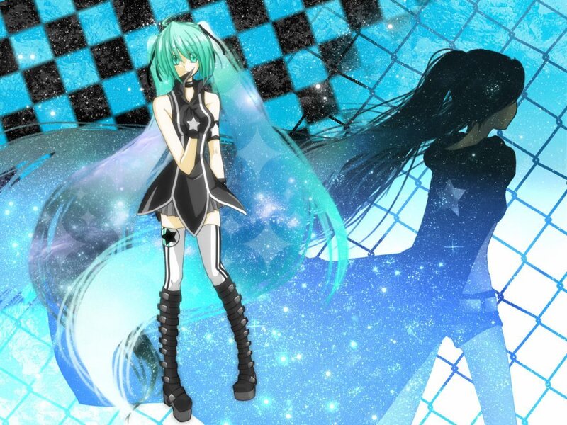 Green-haired Anime Character — Blue, Dramatic, Checkered Pattern
