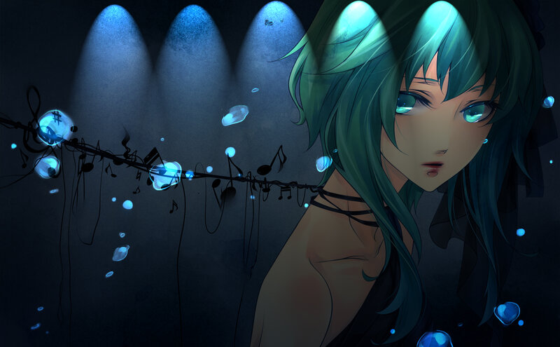 Green-haired Anime Character — Blue, Dramatic, Night