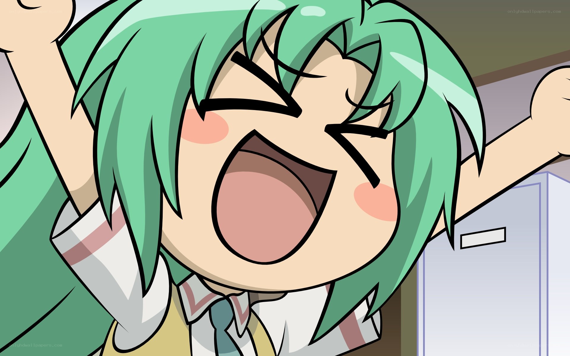 green-haired anime character cheering