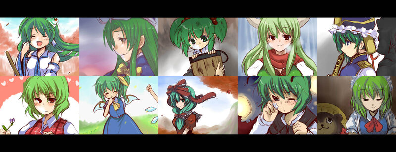Green-haired anime character collage